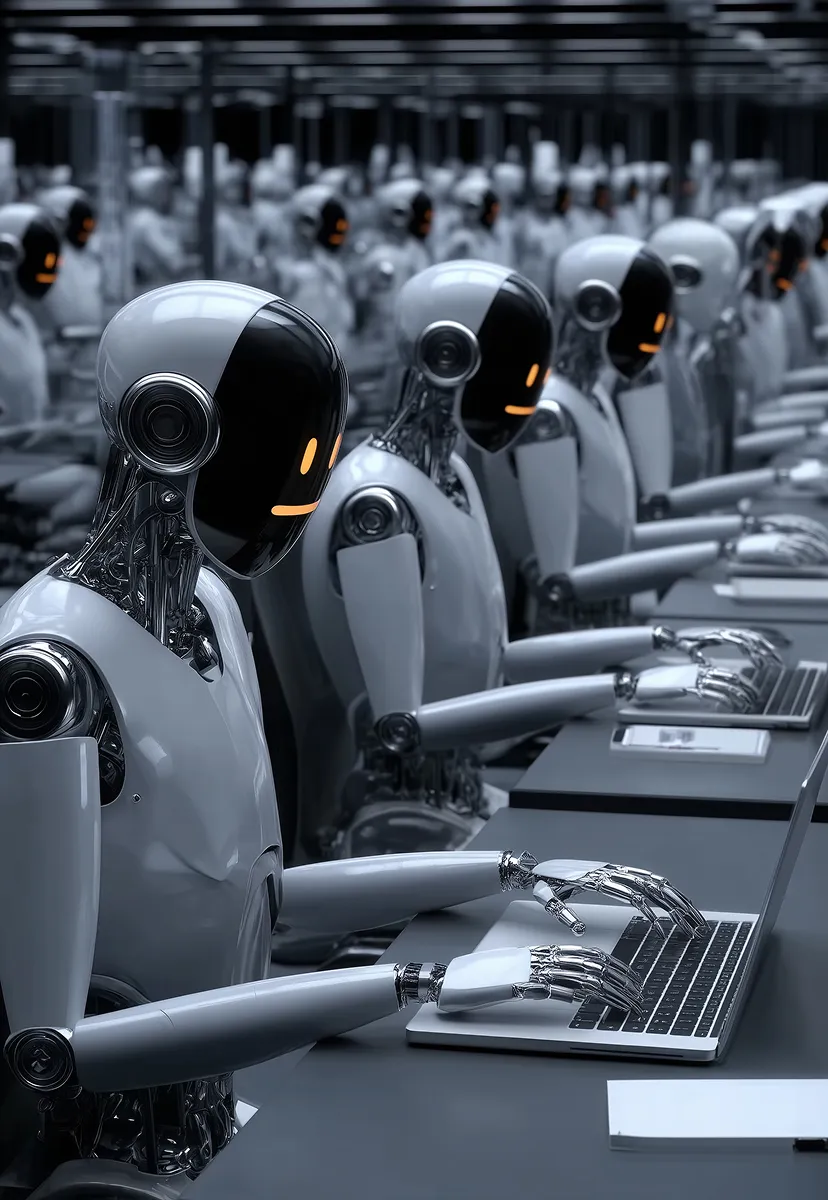 Rows of humanoid robots with black glossy faces and orange eyes typing on laptops in a futuristic office setting.