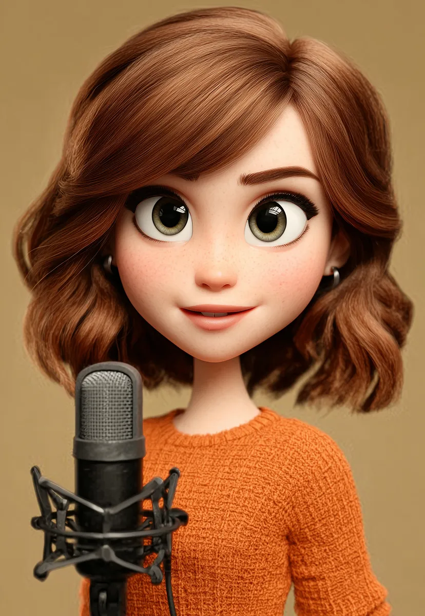 Animated young woman with brown wavy hair and freckles speaking into a microphone, wearing an orange sweater.