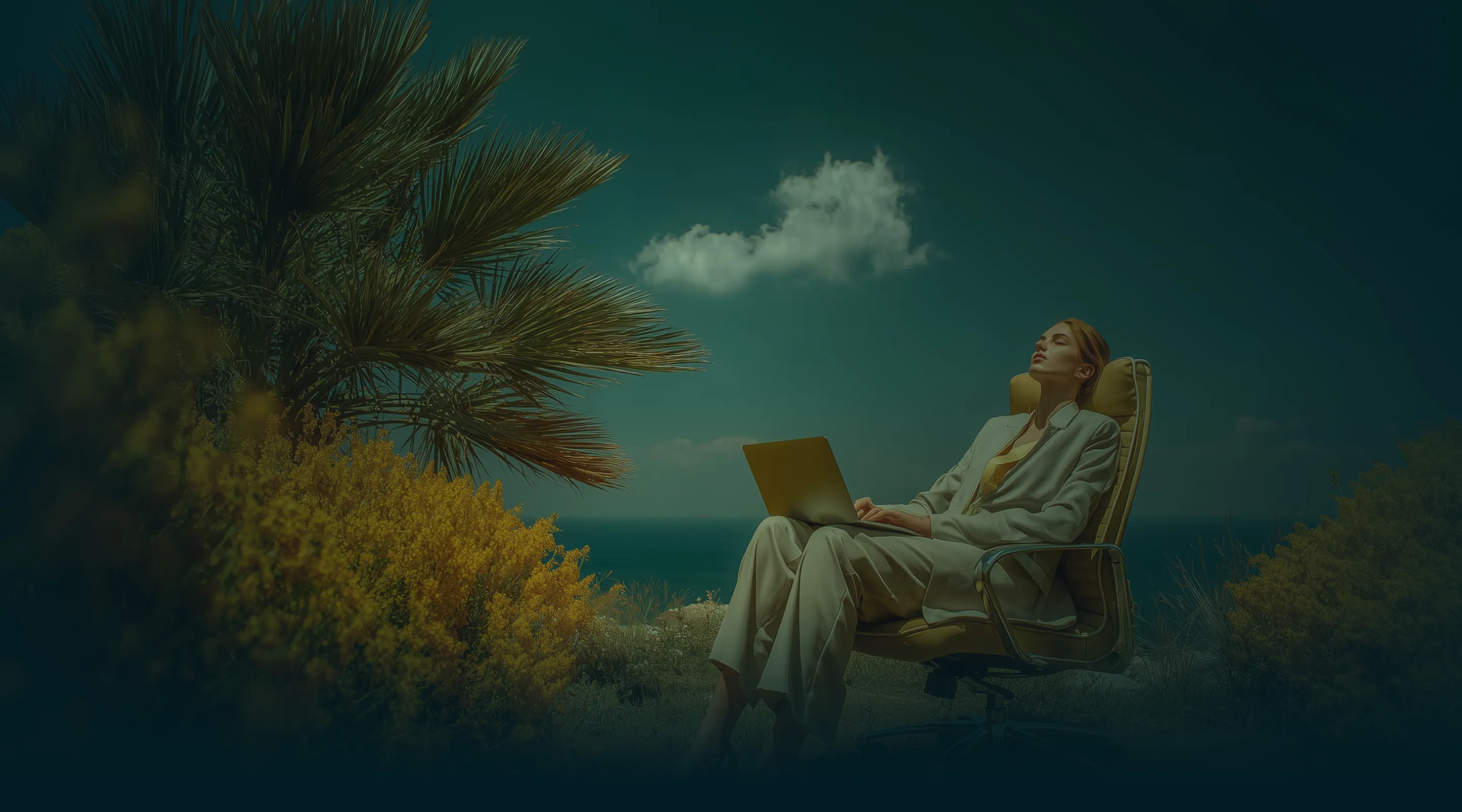 Woman in a beige suit sitting outdoors in an office chair with a laptop on her lap, eyes closed, surrounded by yellow flowers and palm leaves under a blue sky with a single cloud.