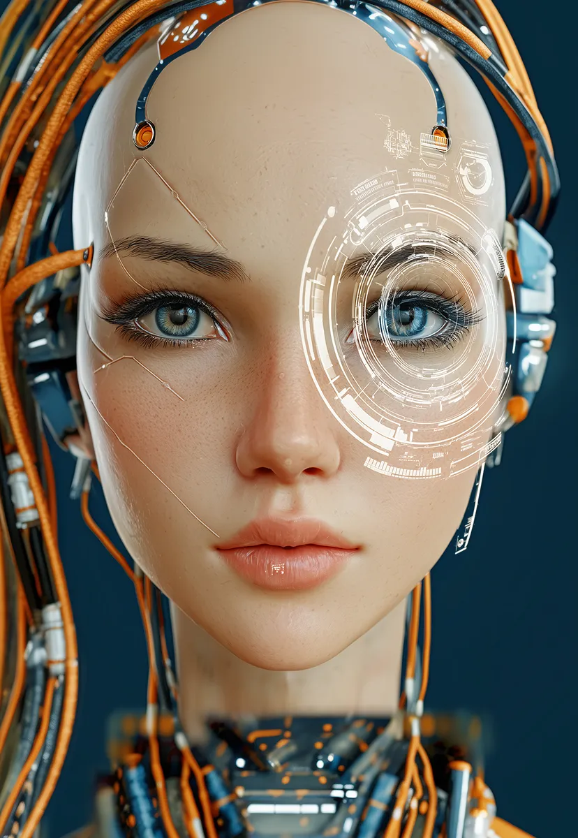 Close-up of a female humanoid robot with blue eyes, orange cables, and a transparent digital interface over one eye.