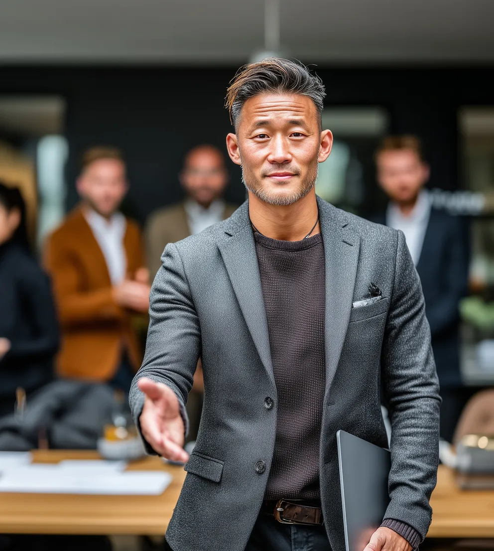 Confident man in a gray blazer extending his hand for a handshake in a modern office setting with colleagues blurred in the background.