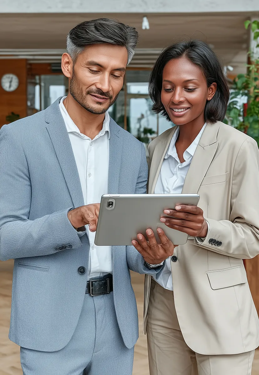 Two professionally dressed colleagues smiling and looking at a tablet together in an office setting.