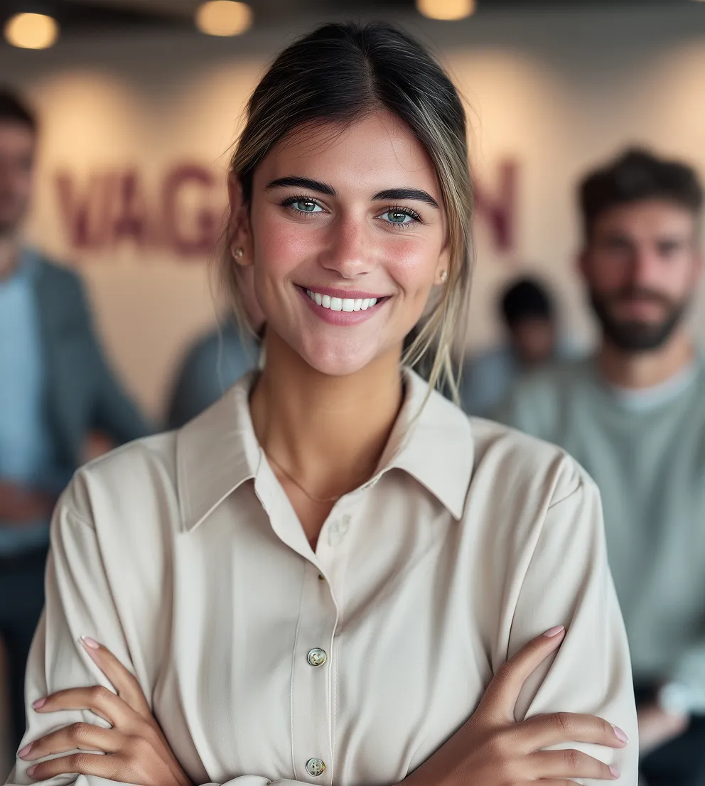 Confident young woman with arms crossed smiling at the camera, with blurred people in the background.