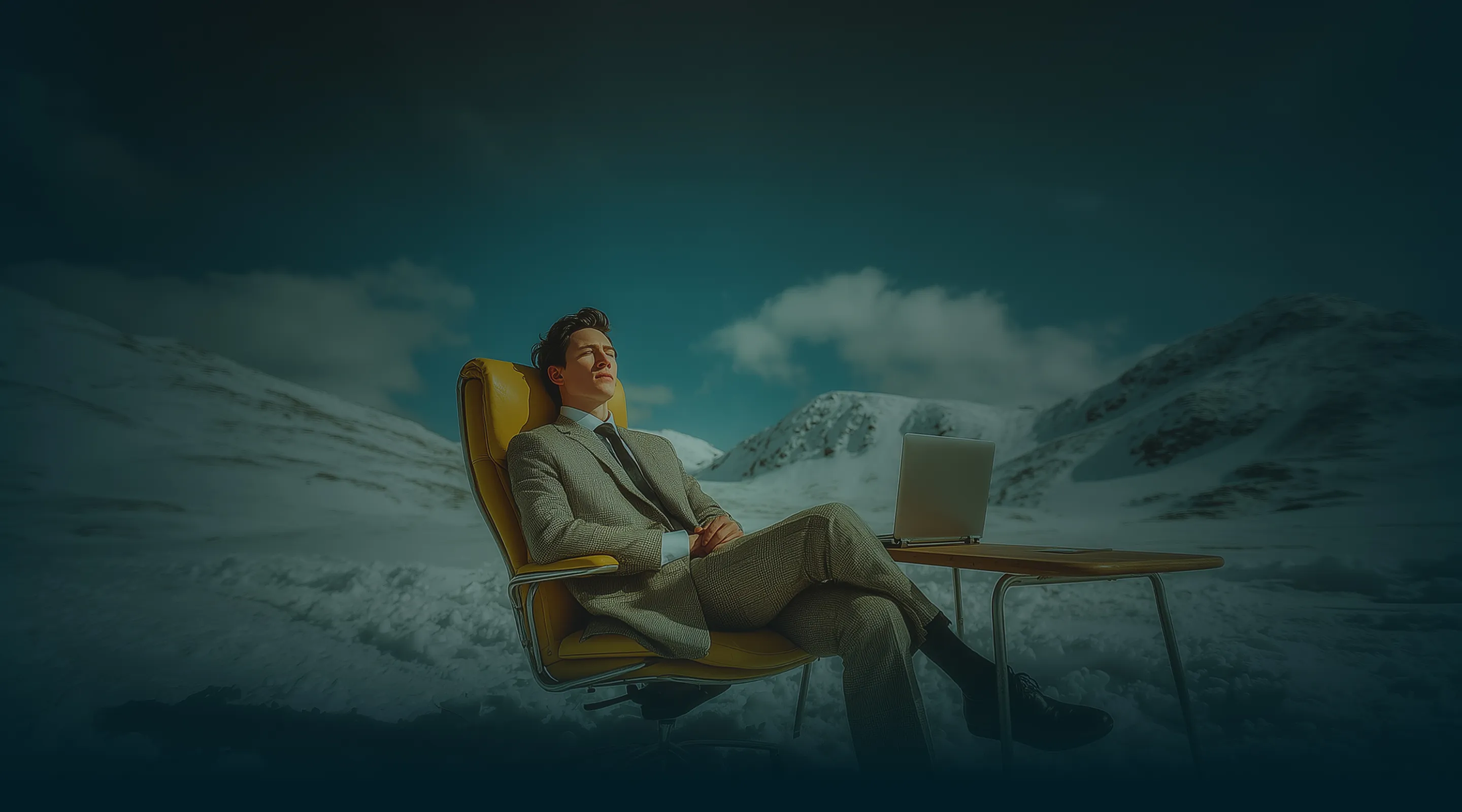 Man in a suit sitting relaxed with eyes closed on a yellow office chair beside a wooden table with a laptop, against a snowy mountain background.
