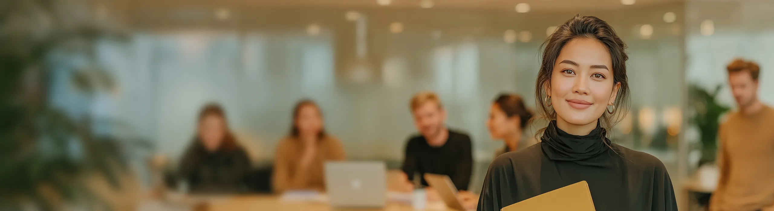Smiling woman holding a folder in an office with blurred colleagues working in the background.