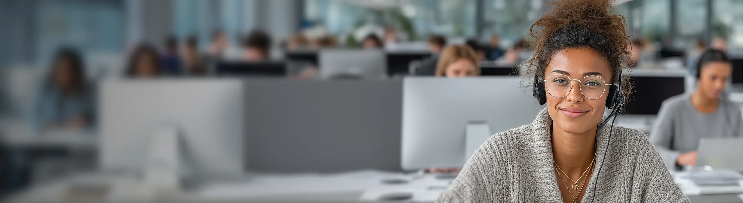 Smiling woman wearing glasses and a headset sitting in a modern office with computers and colleagues in the background.