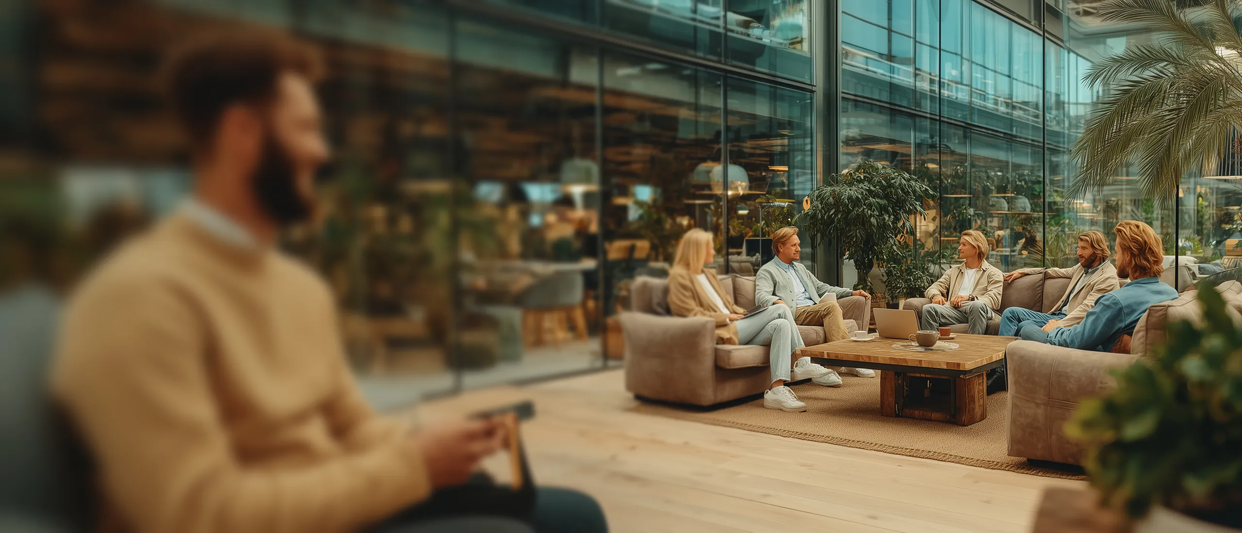 Group of five people having a meeting in a modern office lounge with glass walls and indoor plants.