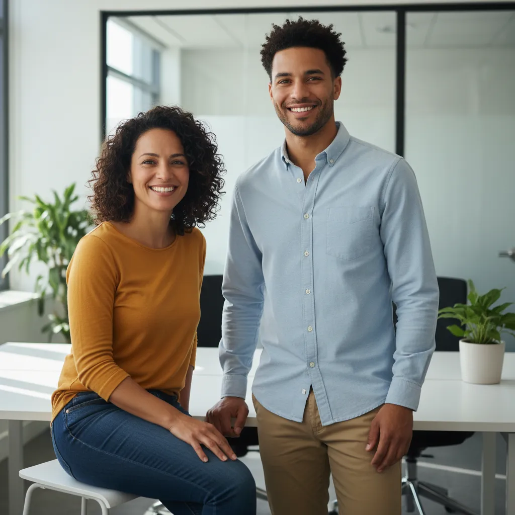 Smiling woman in mustard top sitting on a desk next to a smiling man in a light blue shirt in a bright office.