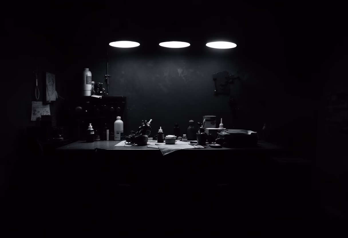 [background image] image of a creative workspace for a tattoo studio