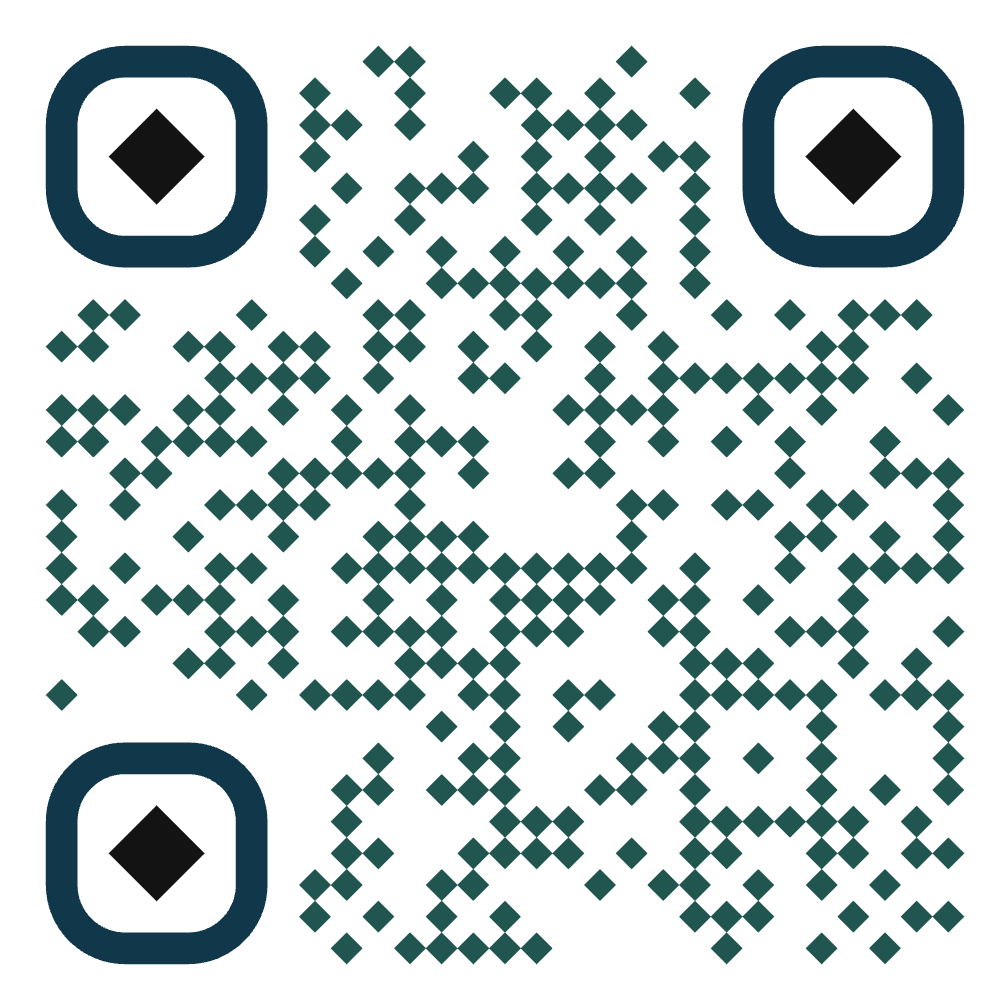 QR code with dark green square dots and rounded black corner markers on a white background.