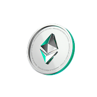 Silver Ethereum cryptocurrency coin with a 3D Ethereum logo on a black background.