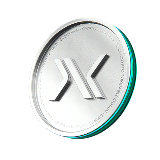 Silver coin with a stylized X logo embossed in the center and a glossy reflective surface.