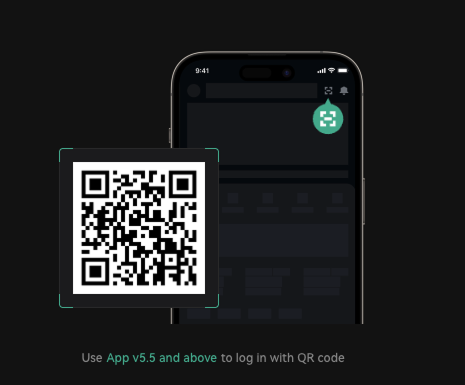 Smartphone screen showing a QR code for login with text prompting use of App v5.5 and above to log in with QR code.
