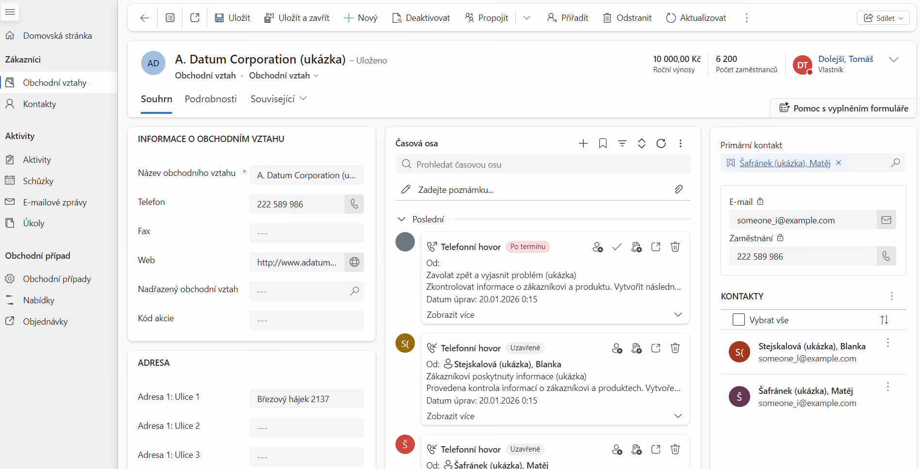 Obchodní vztah A. Datum Corporation s kontakty, aktivitami a časovou osou telefonních hovorů v češtině.