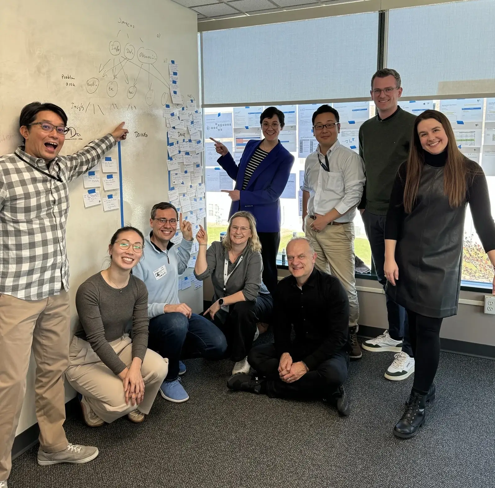 A diverse group of nine coworkers in an office, smiling and pointing at sticky notes and diagrams on a whiteboard and window during a collaborative workshop.