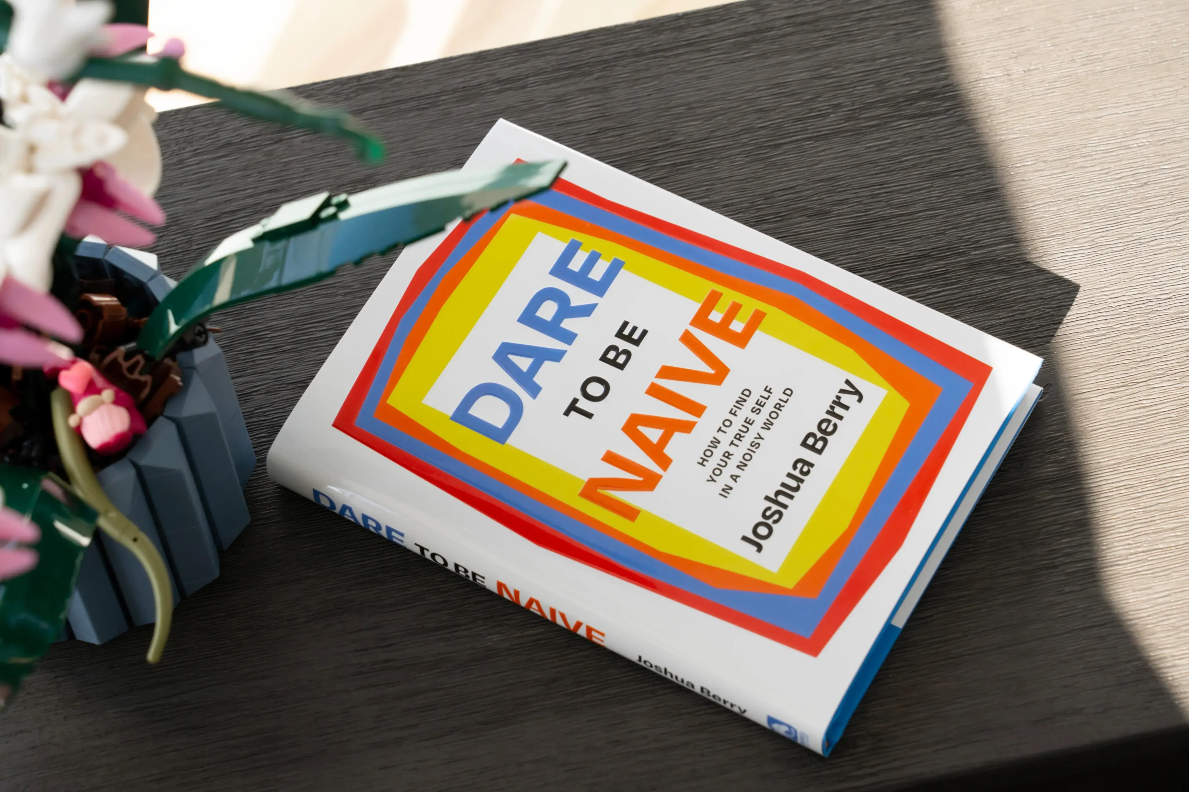 Book titled 'Dare to Be Naive' by Joshua Berry on a wooden surface beside a plant.