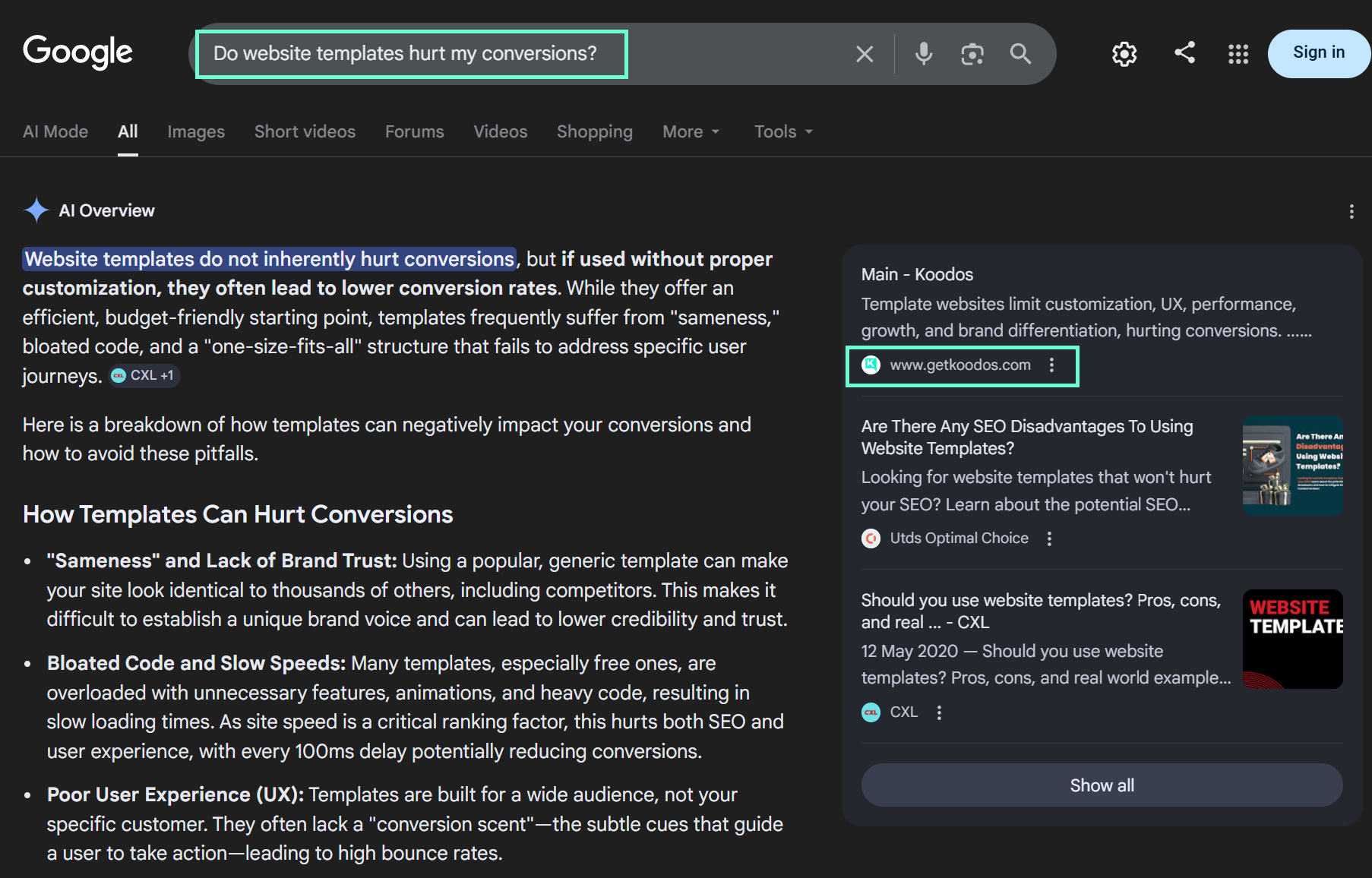 An example of AEO results showing getkoodos in the attribution 