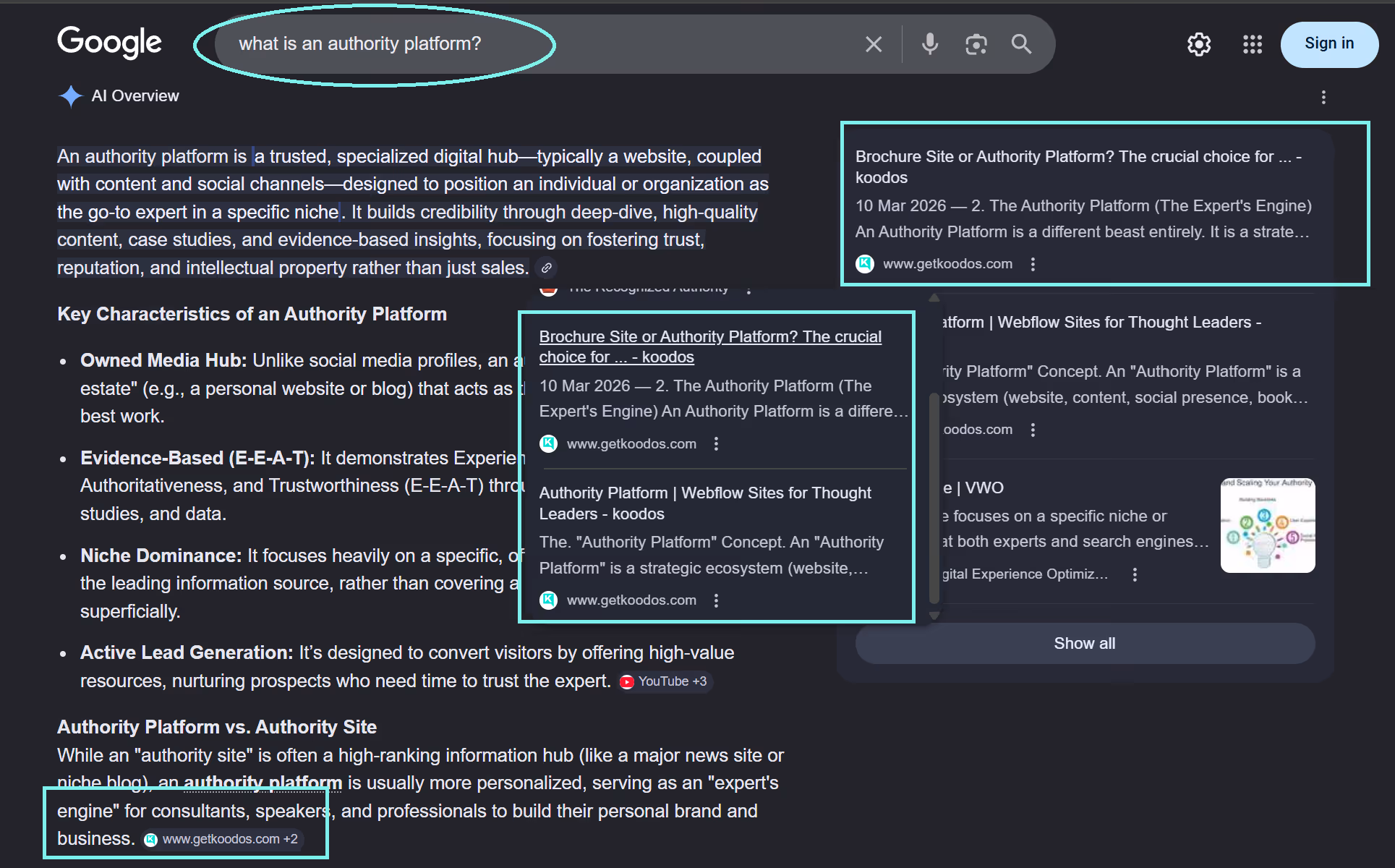 Image proof of AEO optimisation producing cited result for the search term "what is an authority platform"s