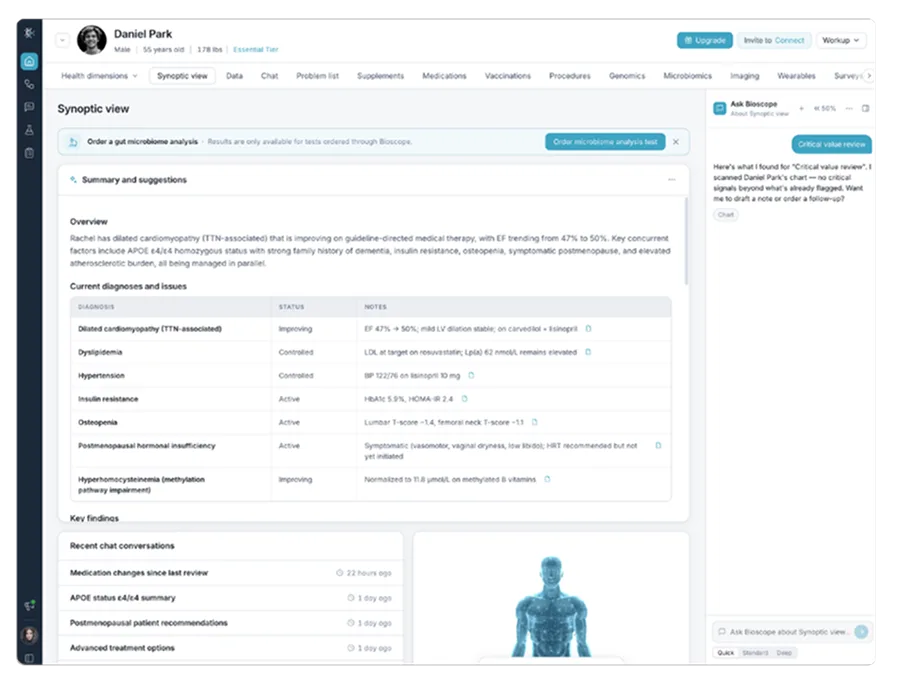 Bioscope.ai synoptic view of a patient record, with diagnoses, key findings and an AI chat panel