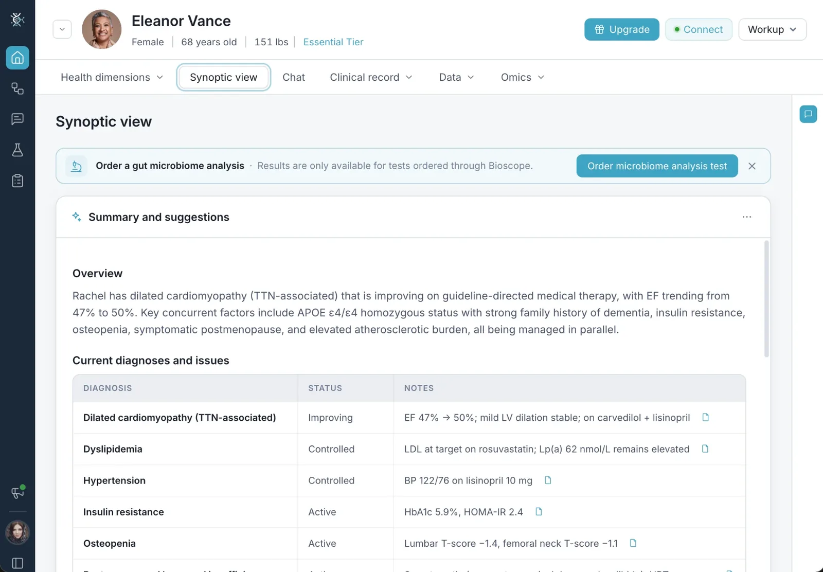 Bioscope.ai synoptic view of a patient record