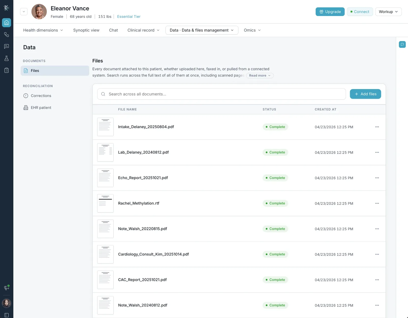Data view listing a patient's intake forms, lab reports and consult notes