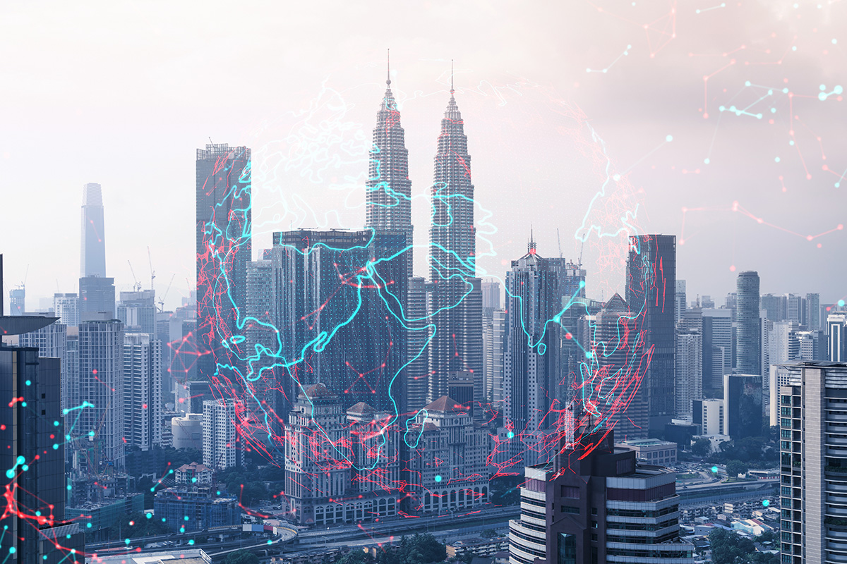 City skyline with modern high-rise buildings overlaid by a digital globe and network connections in blue and red.