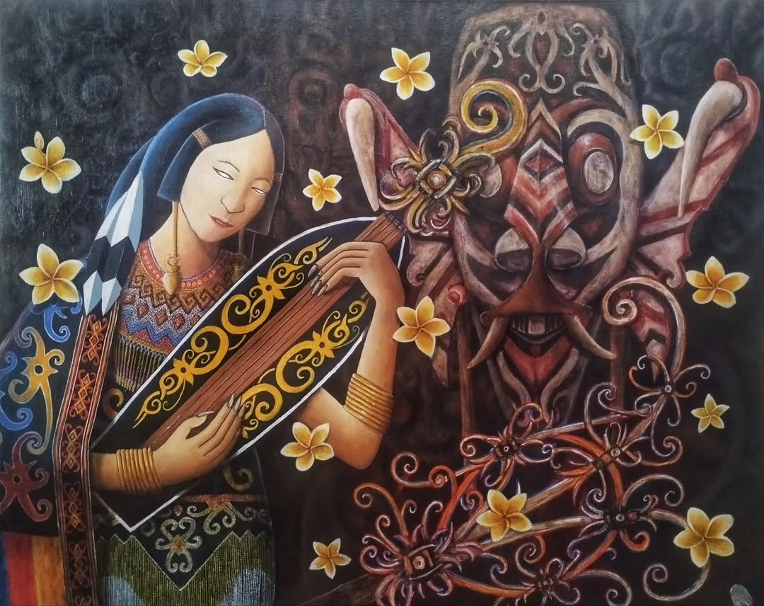 Lukisan Perempuan Dayak yang sedang memainkan alat musik sampe
