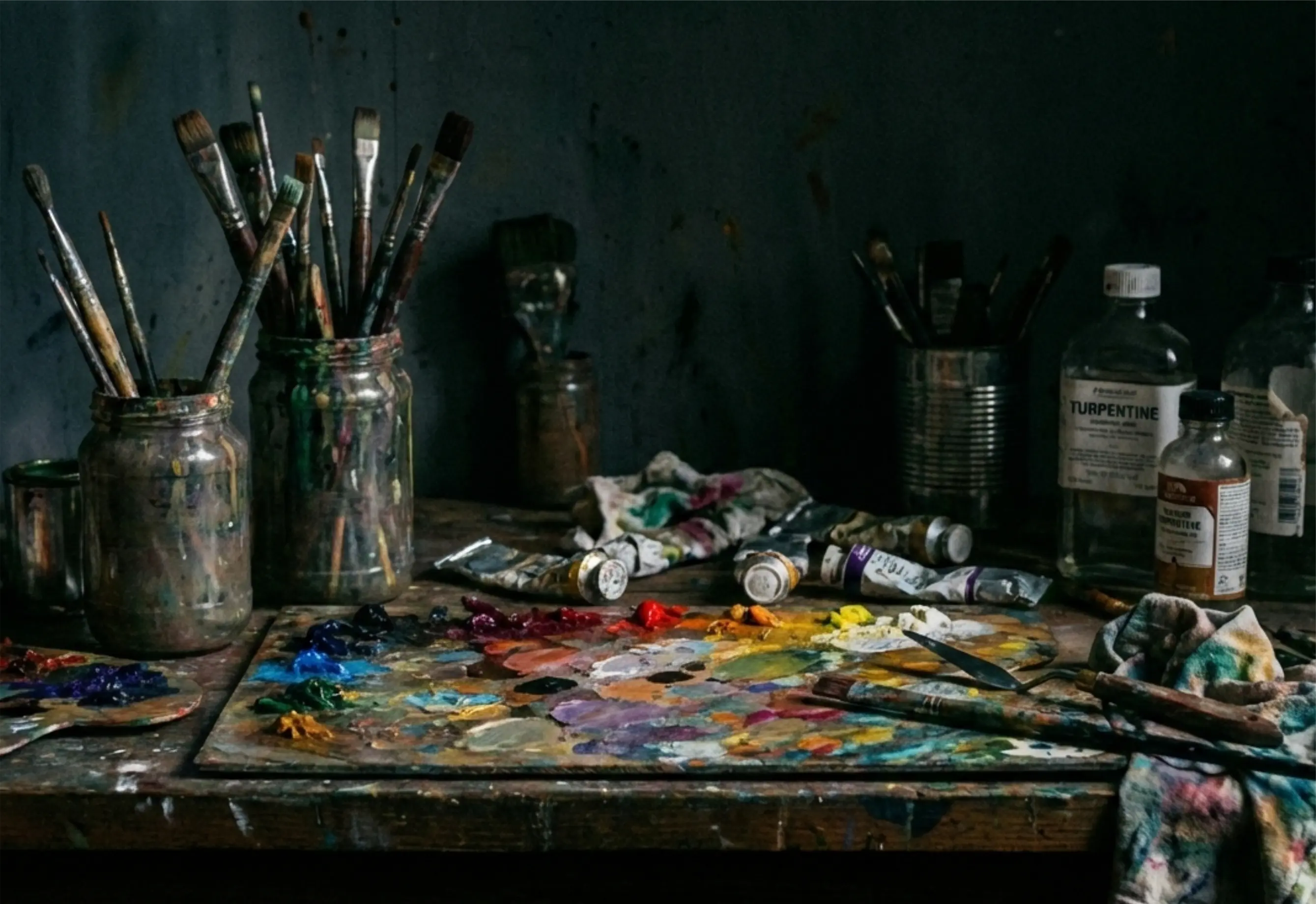 Artist's workspace with paintbrushes in jars, tubes of paint, a colorful palette, and bottles of turpentine on a wooden table.