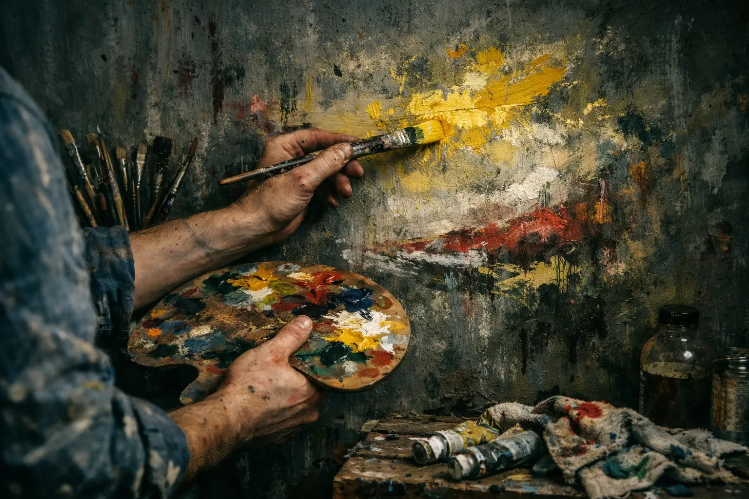 Artist's hands holding a paintbrush and palette, applying yellow paint to a textured, abstract painting on a wall.