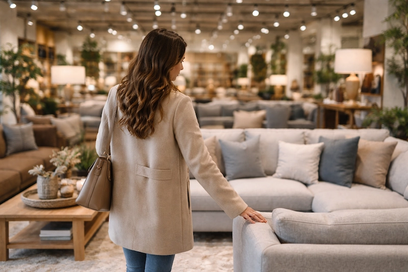 A customer in a sofa store touches the products in store