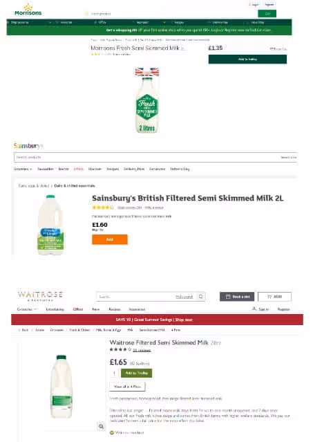 3 two-liter bottles of whole milk, not strictly identical