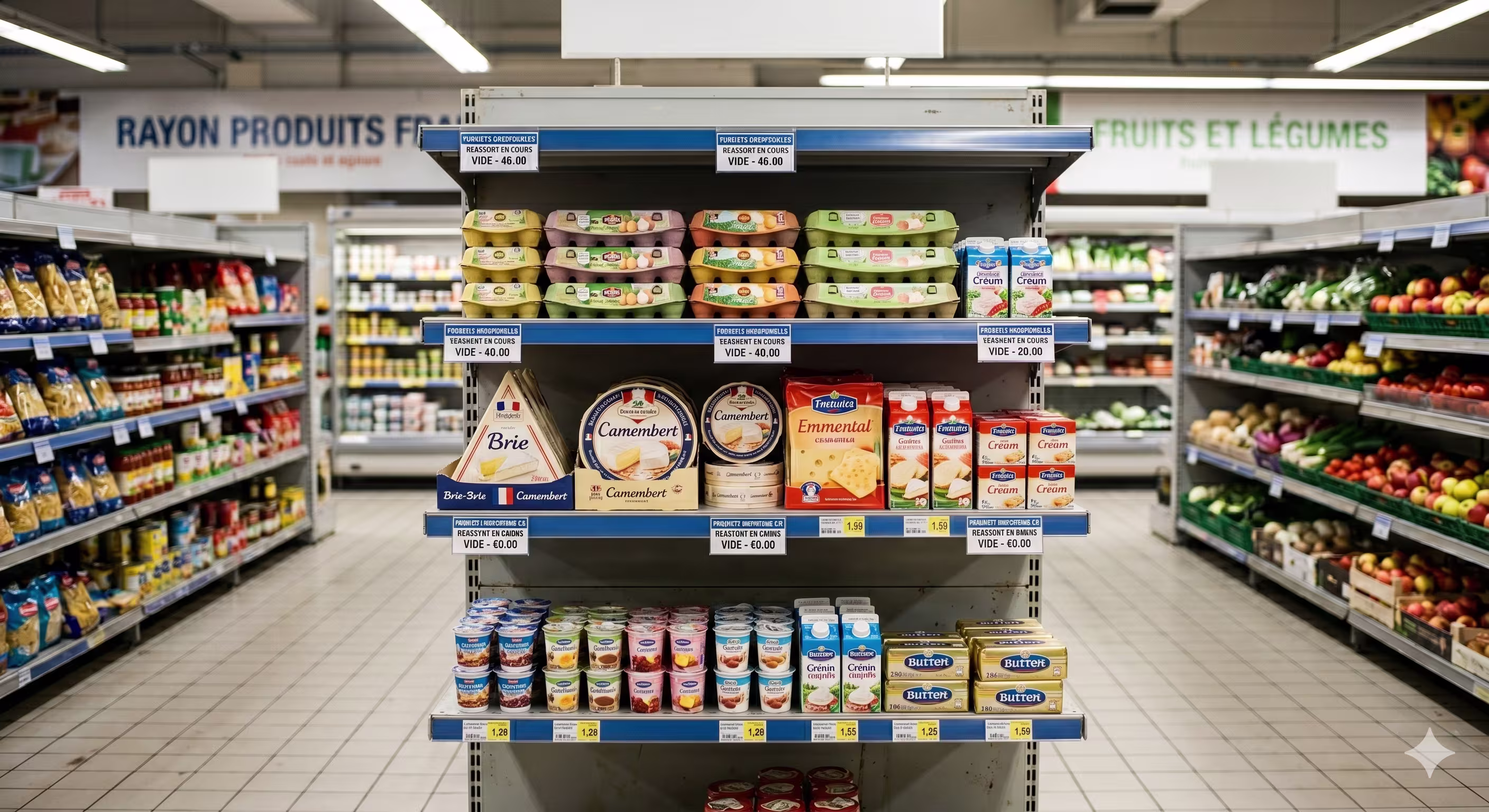 Image d'un rayon de supermarché avec une tête de gondole pour les fromages