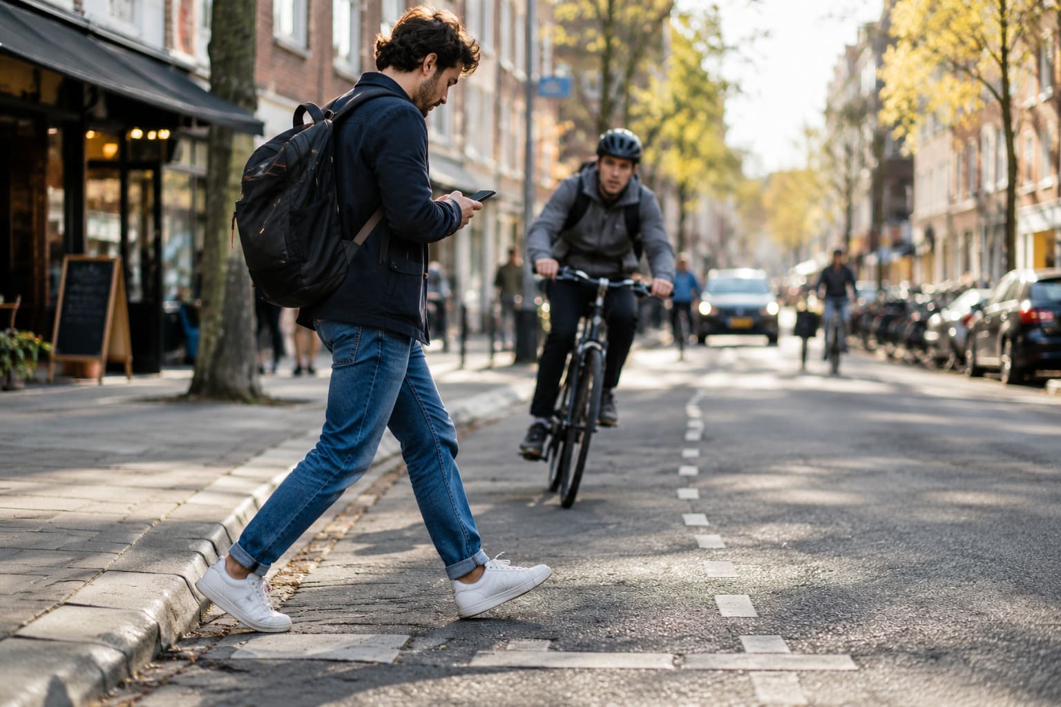 Un piéton distrait s'engage sur la trajectoire d'un cycliste.
