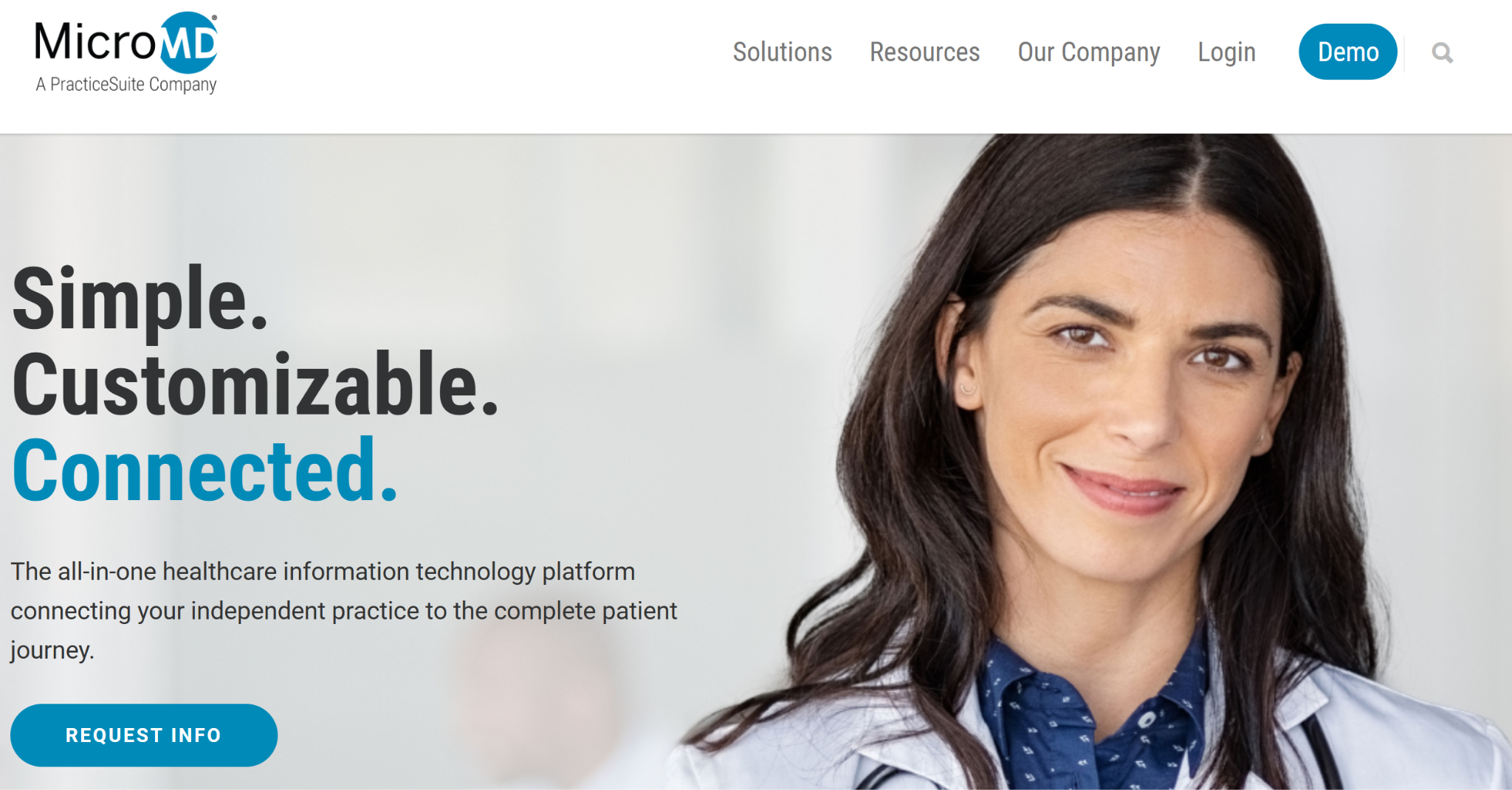 MicroMD’s homepage highlighting its AIO offerings for healthcare organizations.