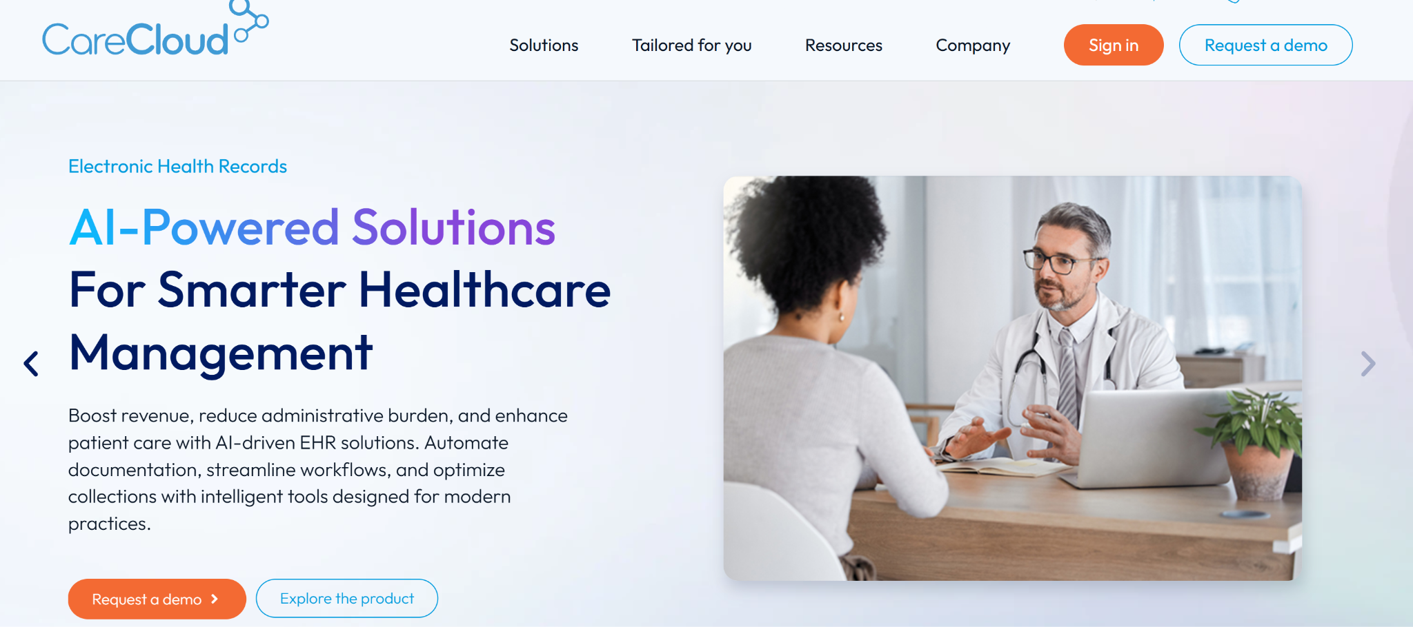 CareCloud’s homepage focusing on the product’s AI-powered capabilities