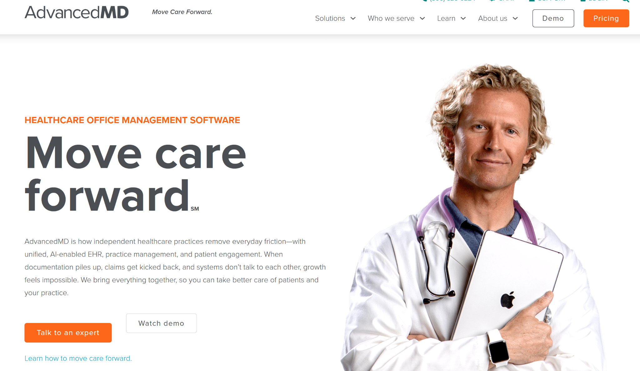 AdvancedMD’s homepage explaining what the platform can do for doctors and clinicians.