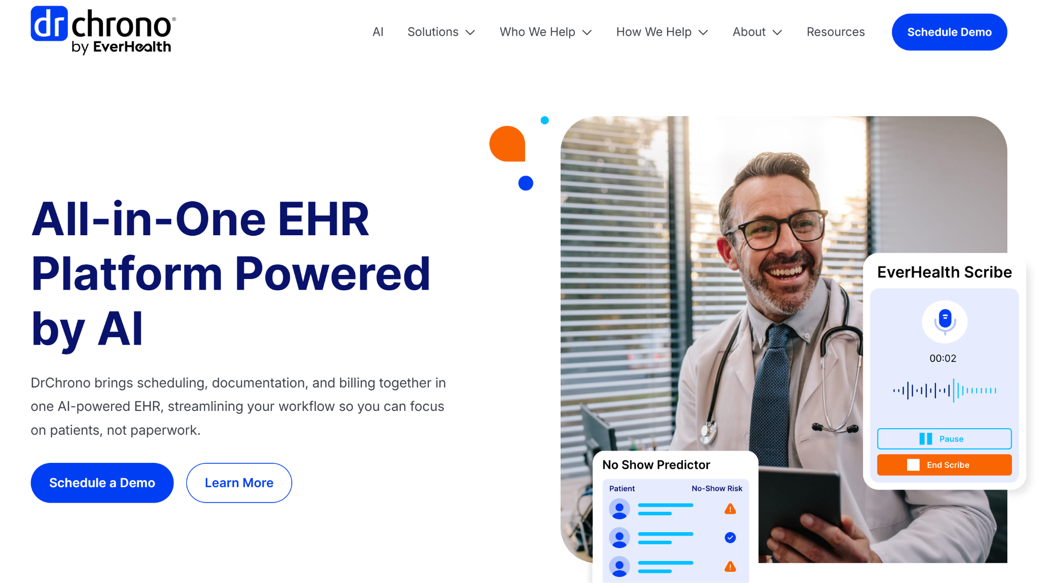 DrChrono’s homepage explaining what its AI-powered EHR can do