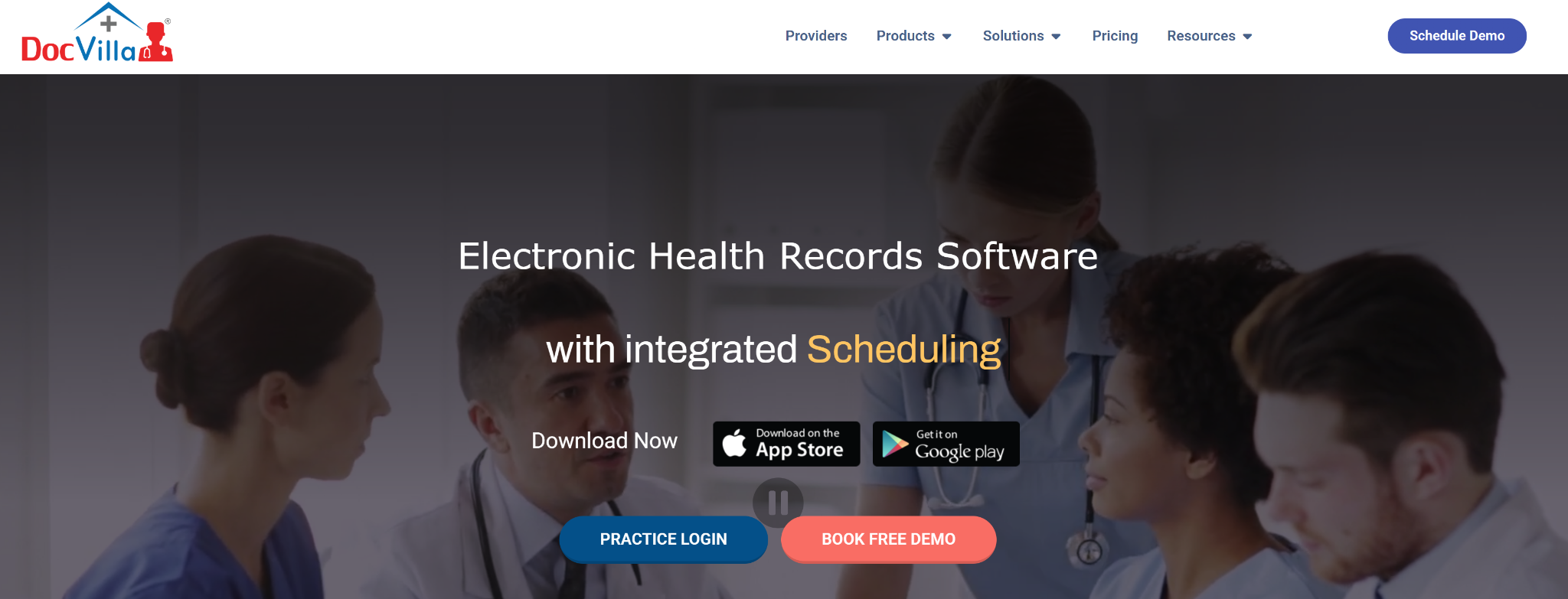 DocVilla’s homepage positioning the platform as a comprehensive EHR software.