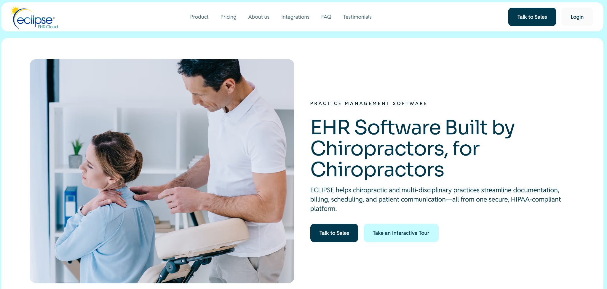 Eclipse EHR’s homepage mentioning its core capabilities for chiropractors.