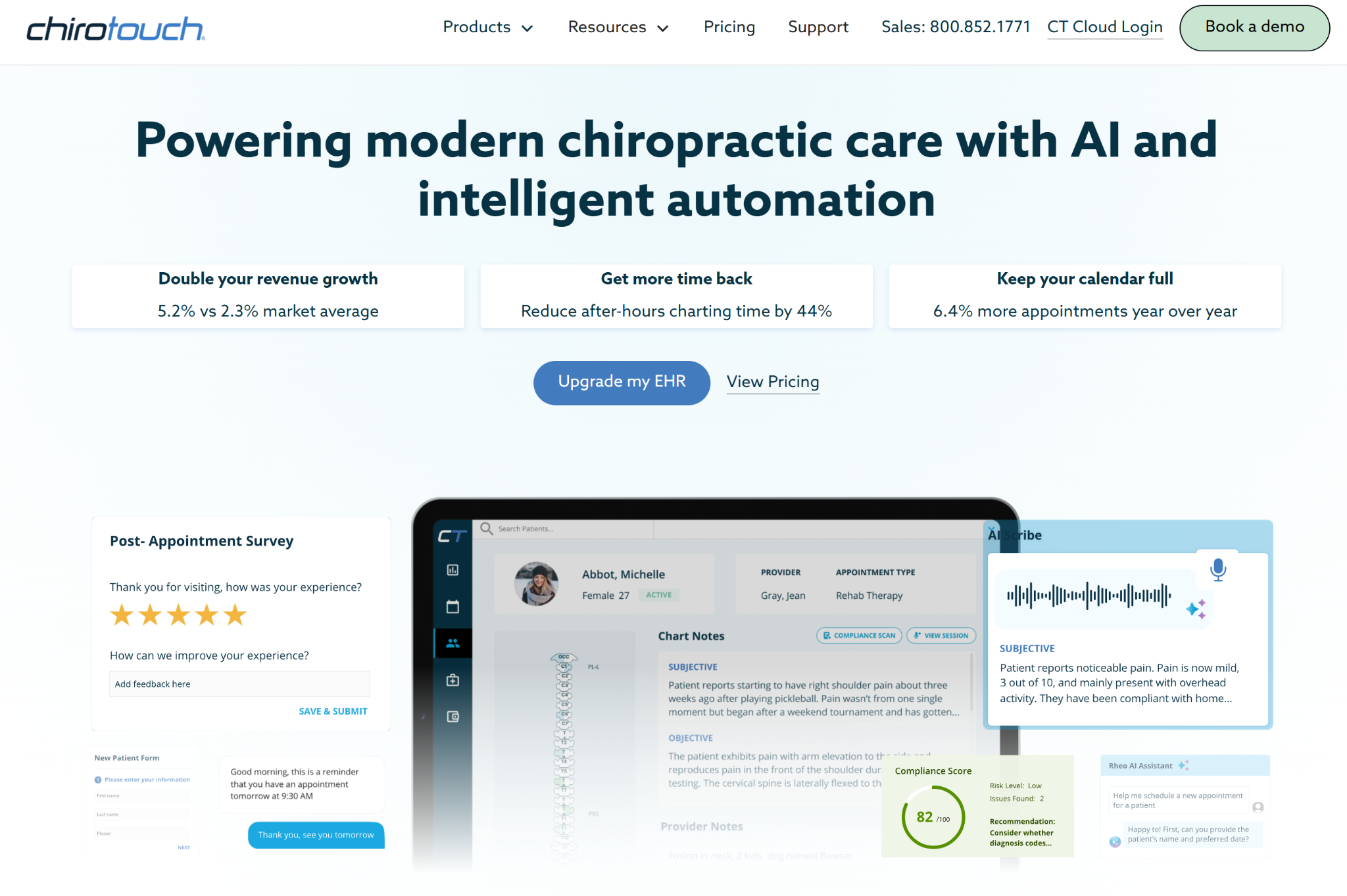 ChiroTouch’s homepage showing the platform’s interface and benefits.