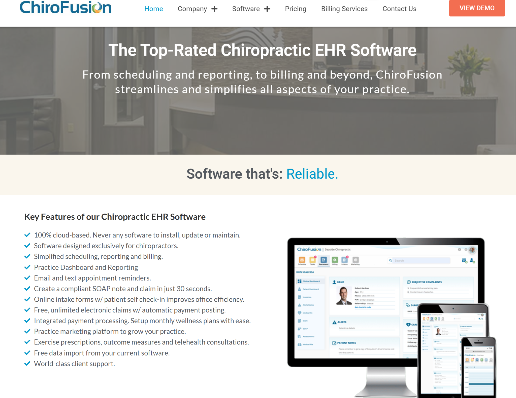 ChiroFusion’s homepage listing all its features with a product screen.