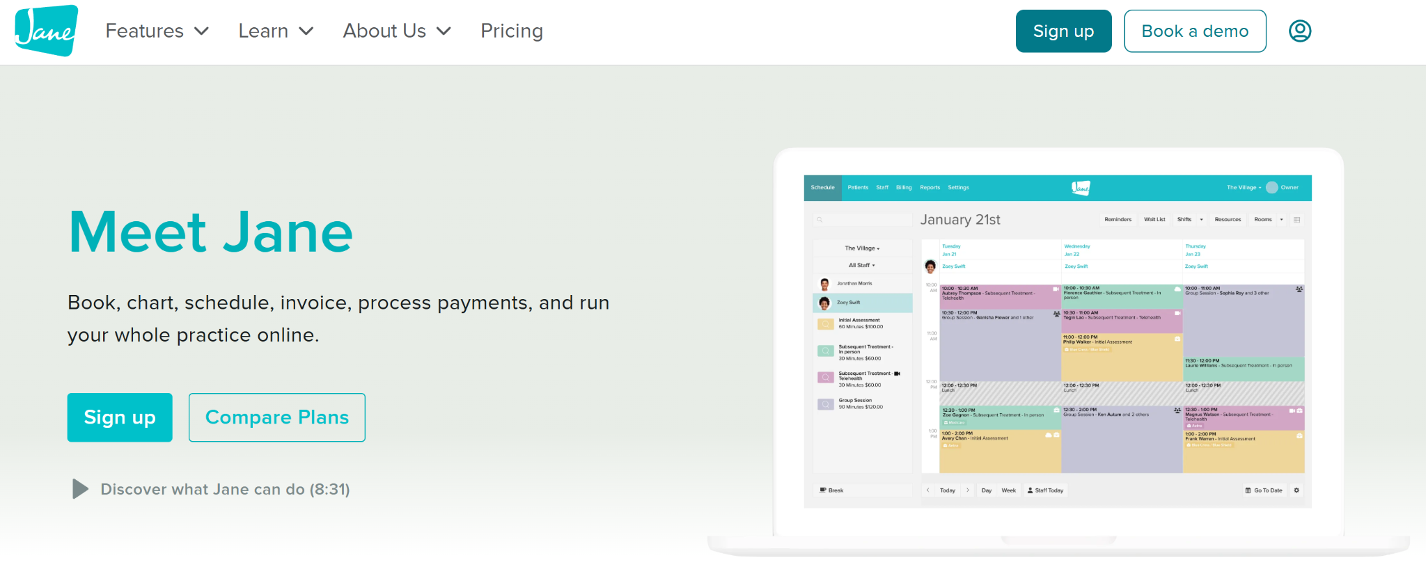 Jane App’s homepage hero section with a product screen showing the scheduling feature.