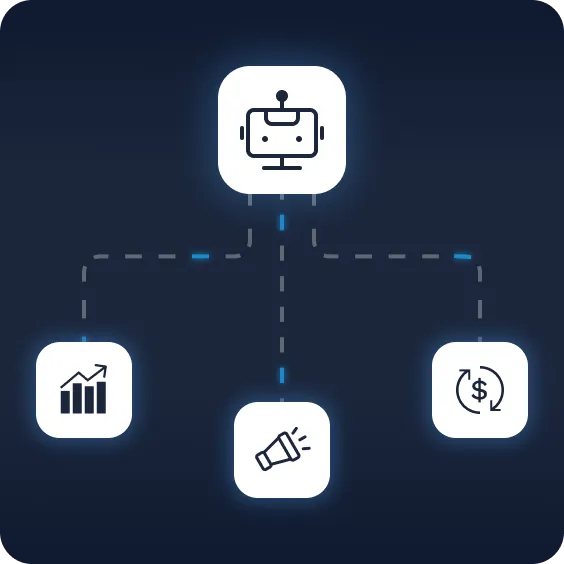 Flow diagram showing a chatbot connected to social media management and paid advertising icons