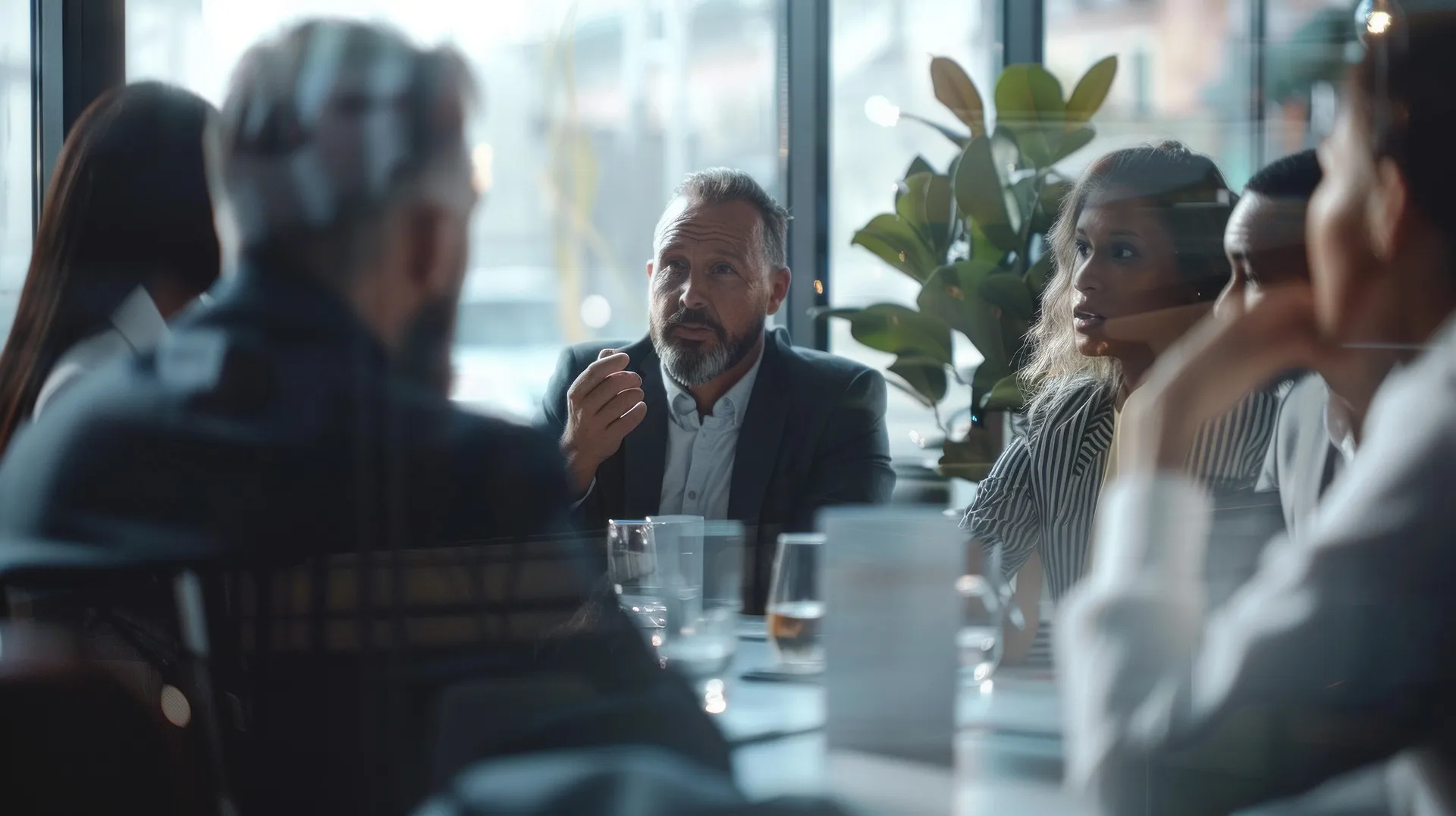 A group of people talking around a table