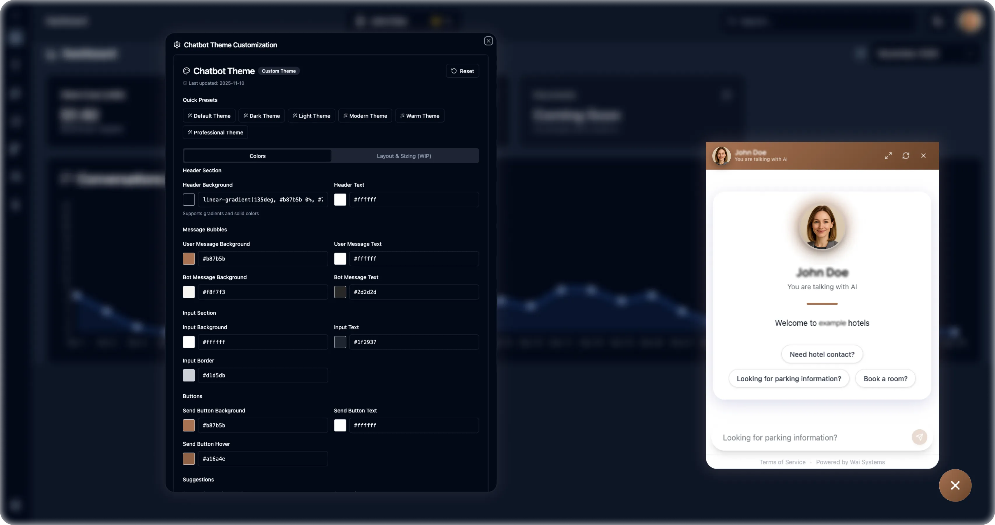 WAI Systems' dashboard showing user's AI assistant and custimization settings