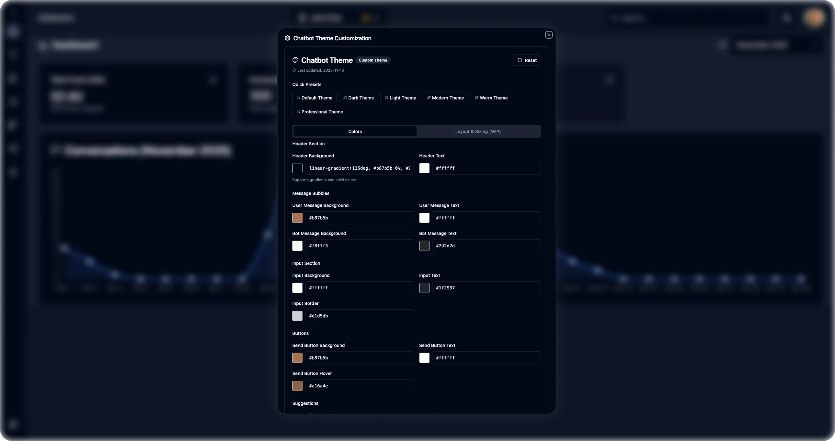 WAI Systems' dashboard showing user's customization settings for the AI assistant
