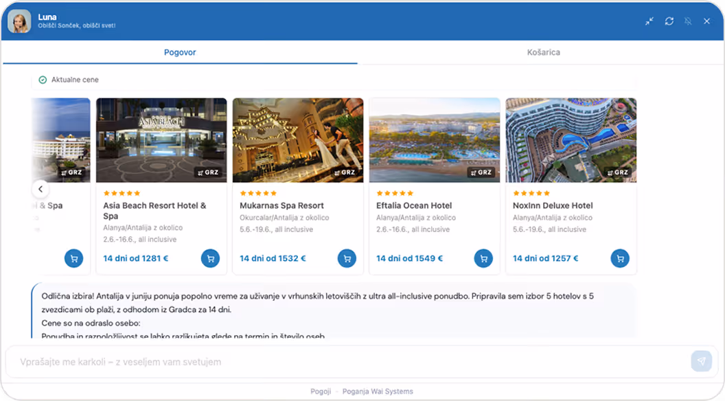 Chat interface with a user named Luna showing a list of five all-inclusive hotel resort offers in Antalya, including Asia Beach Resort Hotel & Spa, Mukarnas Spa Resort, Eftalia Ocean Hotel, and Noxinn Deluxe Hotel, with prices and ratings.