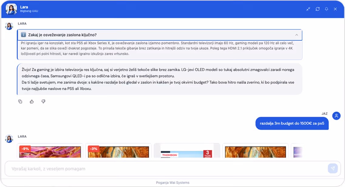 Chat interface with a user named Lara explaining the importance of screen refresh rates for gaming on consoles like PS5 and Xbox Series X, discussing OLED and QLED TVs, and asking about viewing distance and budget; user responds with details about a 3-meter distance and a budget of 1500€ for PS5.