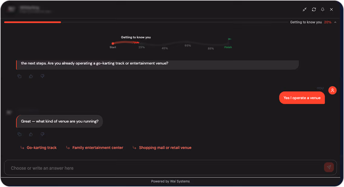 Chat interface showing a progress bar at 20% under 'Getting to know you' with a conversation about operating a go-karting track or entertainment venue and options for types of venues.