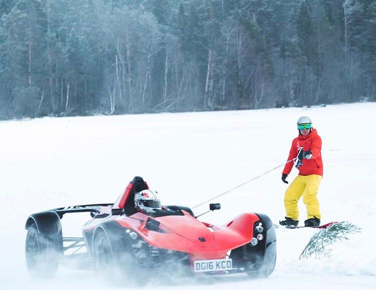 A BAC Mono kicking up snow while driving on ice in Åre, Sweden